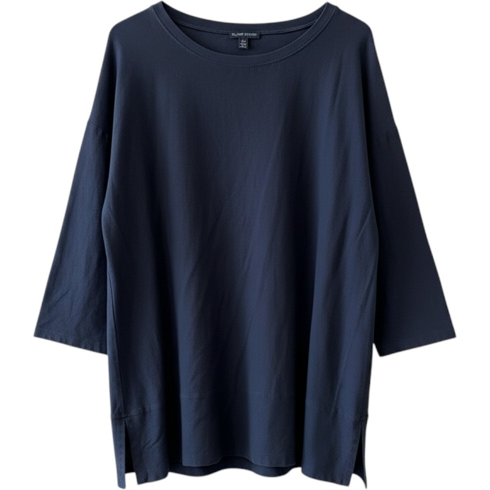 Eileen Fisher Dark Gray Viscose Blend Boxy 3/4 Sleeve Tunic Top L lagenlook